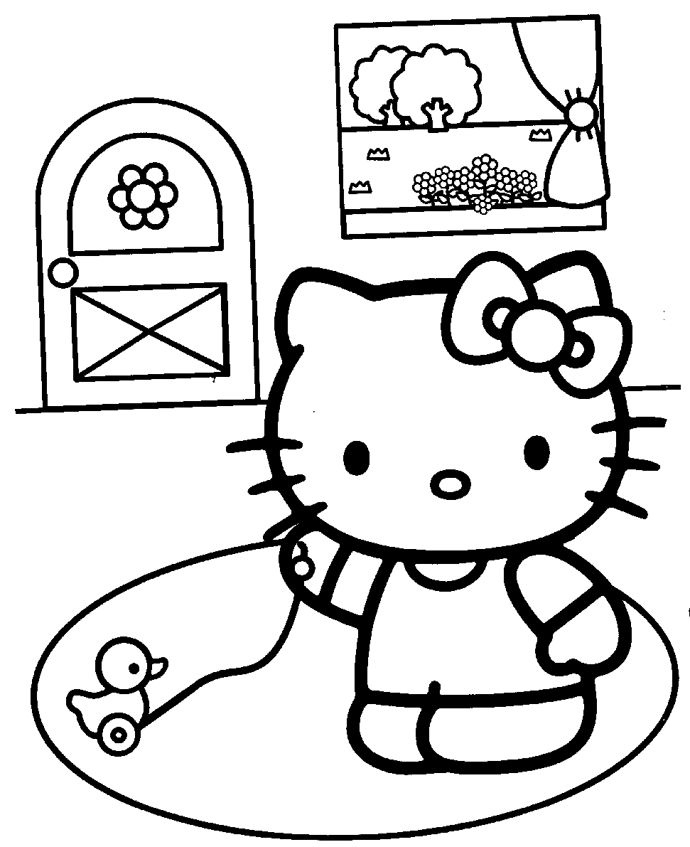 A free picture of Hello Kitty at home, coloring sheet, book