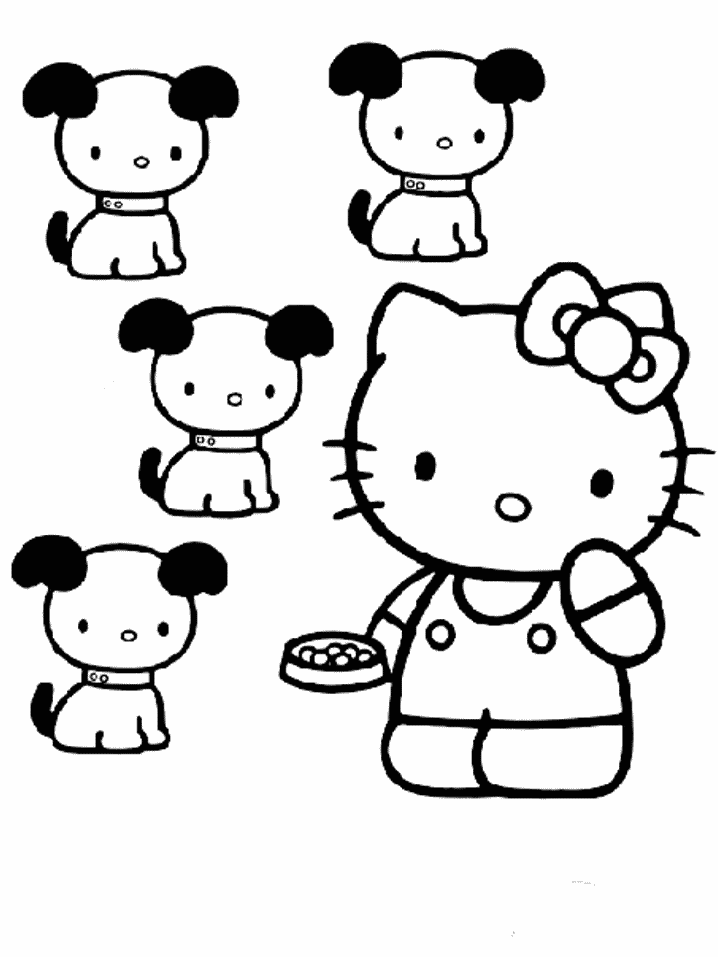 Hello Kitty Feeds The Dogs Coloring Page