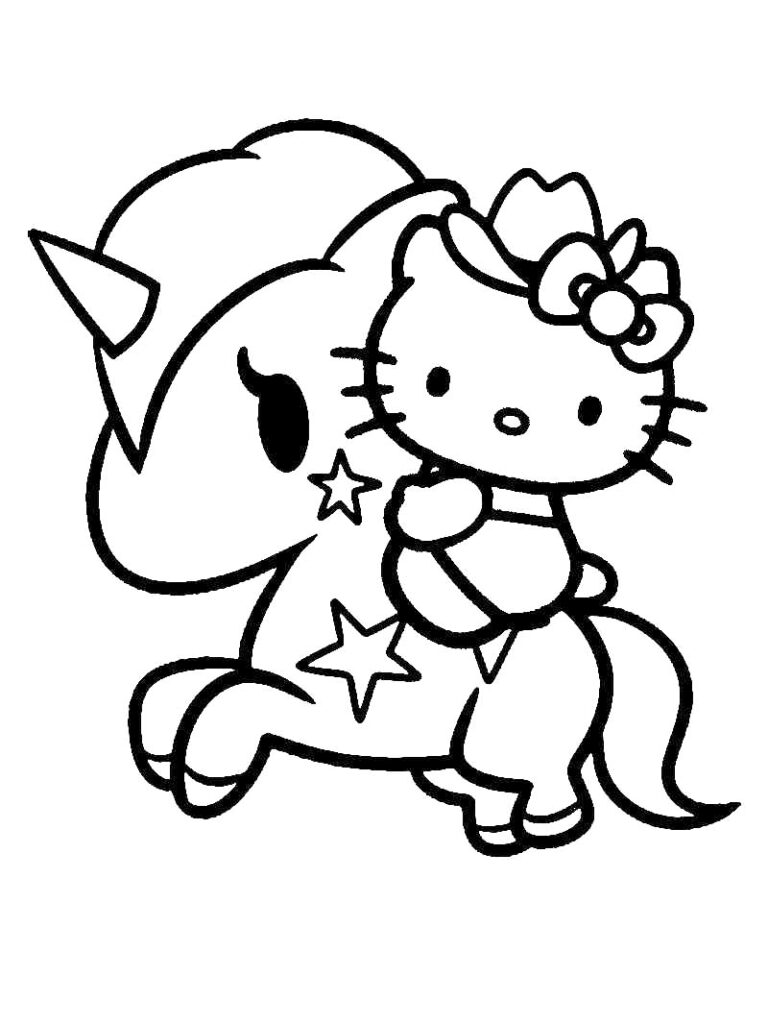 Hello Kitty Rides Unicorn Coloring Page