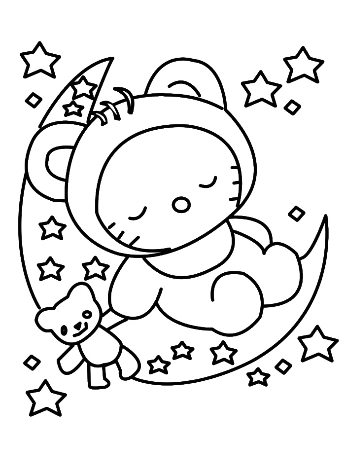 Hello Kitty Sleeps On The Moon Coloring Page