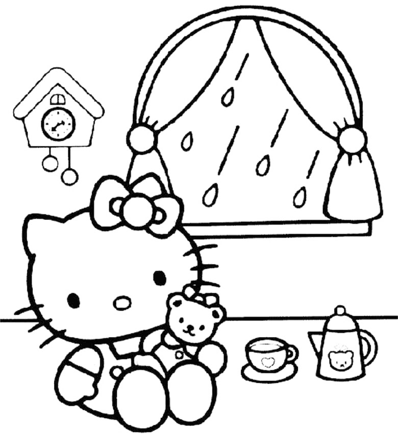 Hello Kitty Tea Party On A Rainy Day Coloring Page