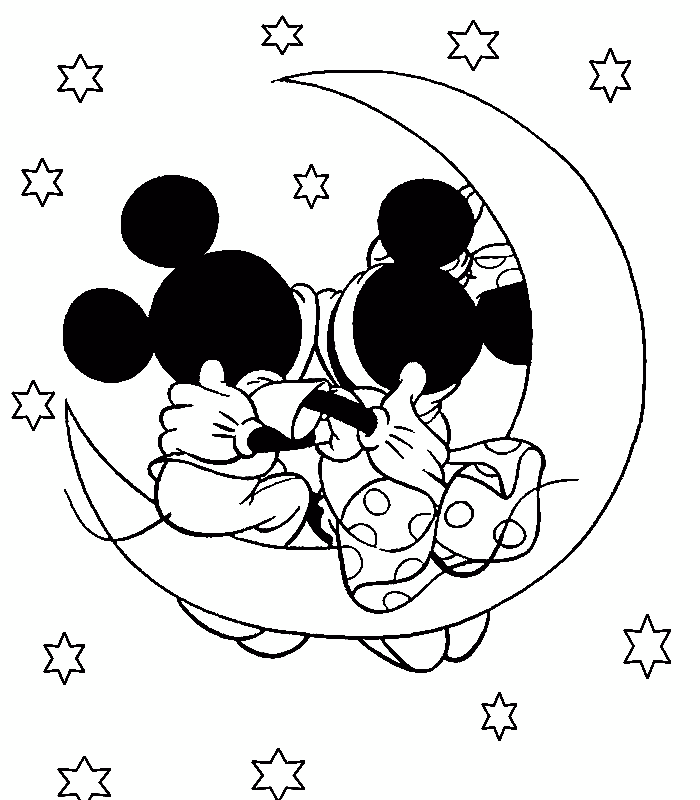 Mickey And Minnie On The Moon Coloring Page