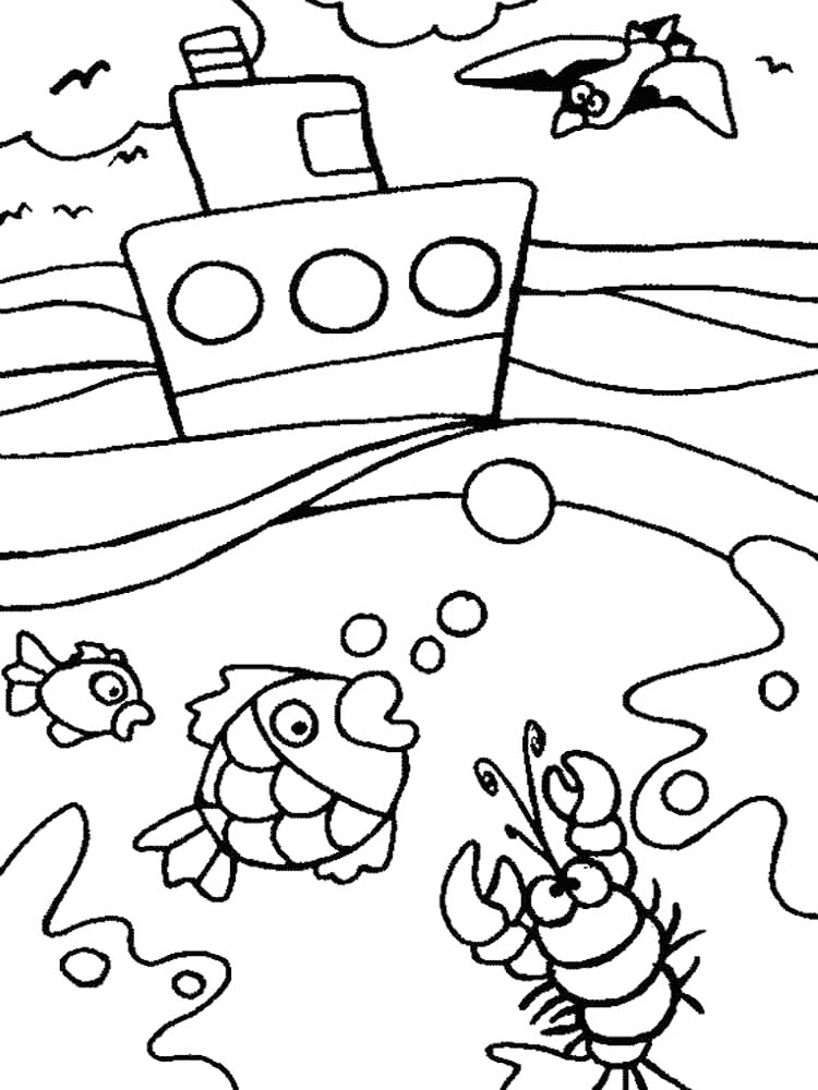 Boat And Fish In The Ocean Coloring Sheet