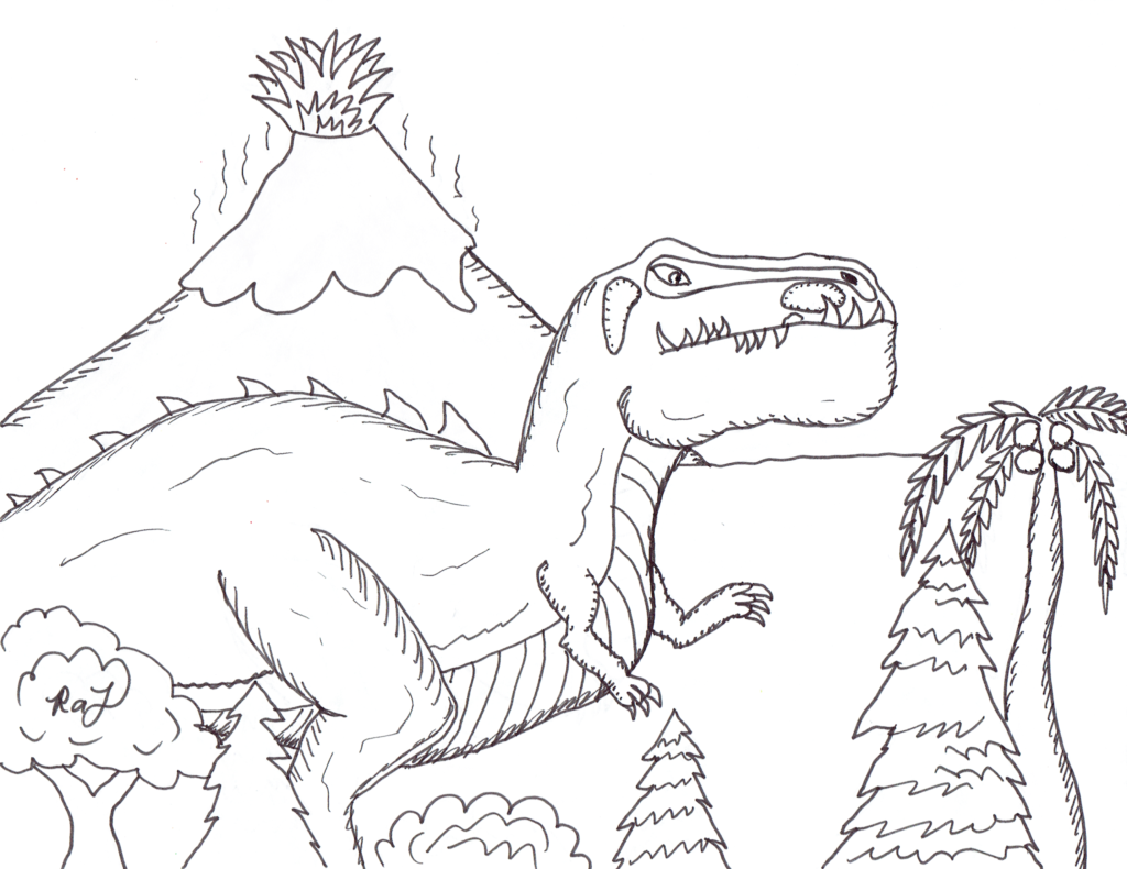 Dinaosaur And A Volcano Coloring Page