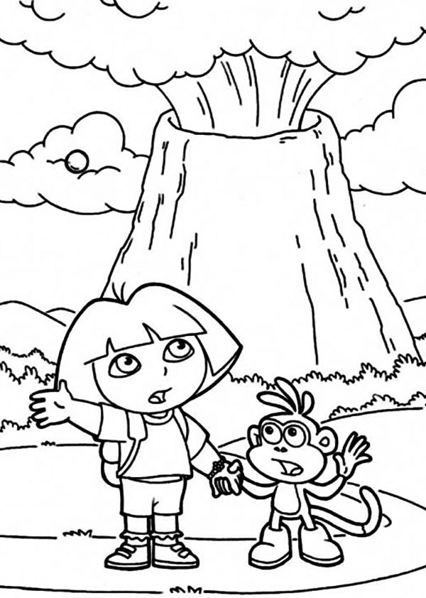 Dora At The Volcano Coloring Page