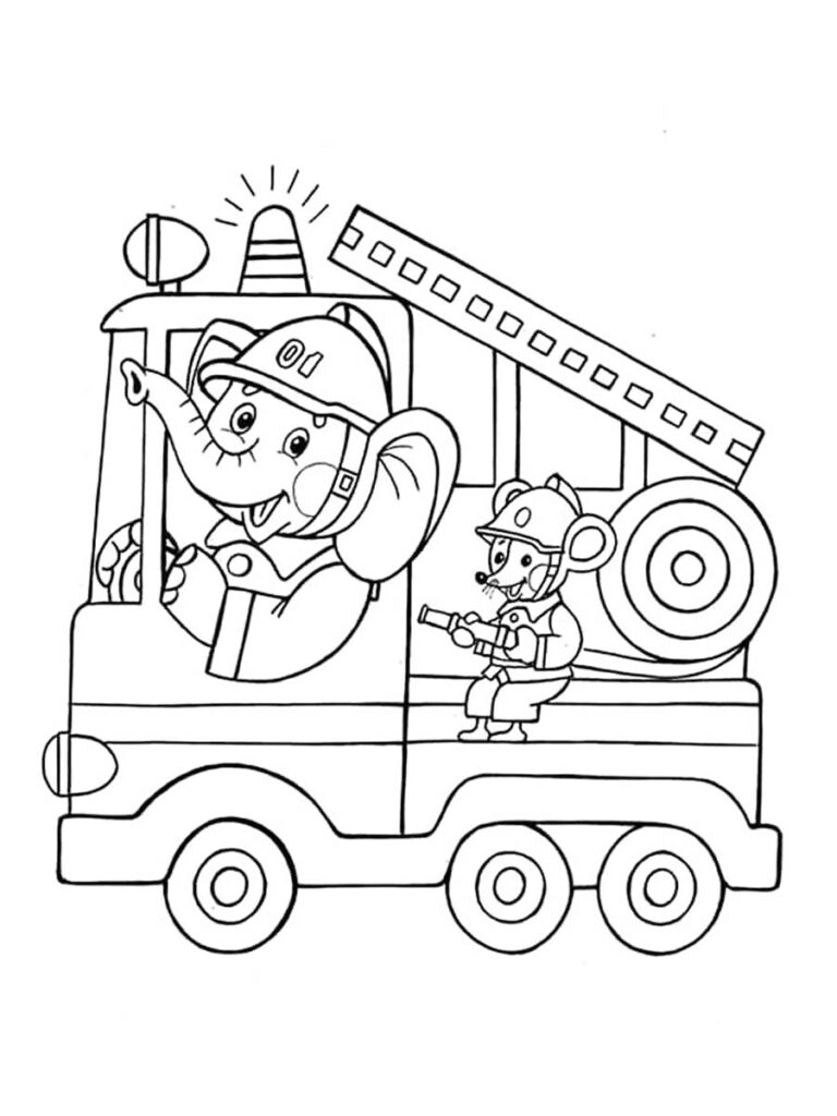 Elephant And Mouse On Fire Truck Coloring Page