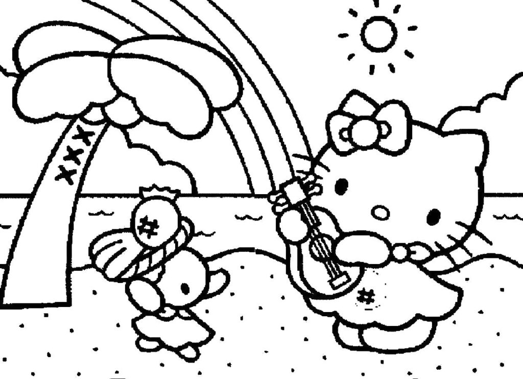 Hello Kitty Plays Guitar On The Beach Coloring Page
