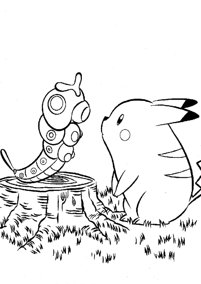 Pikachu Meets Caterpie Coloring Page