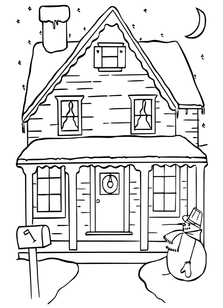 Cozy House In Winter Coloring Page