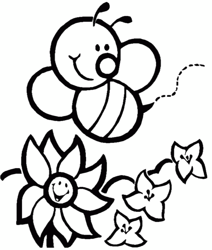 Flowers And Bee Coloring Page