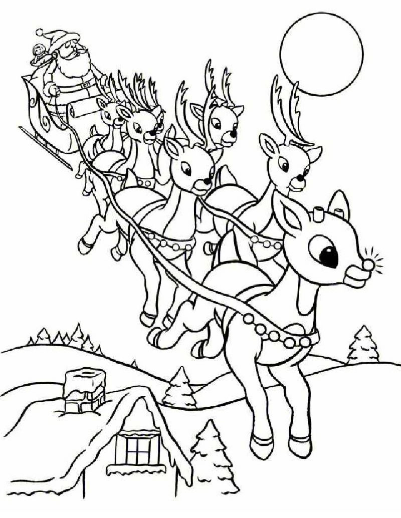 santa and reindeer flying coloring pages