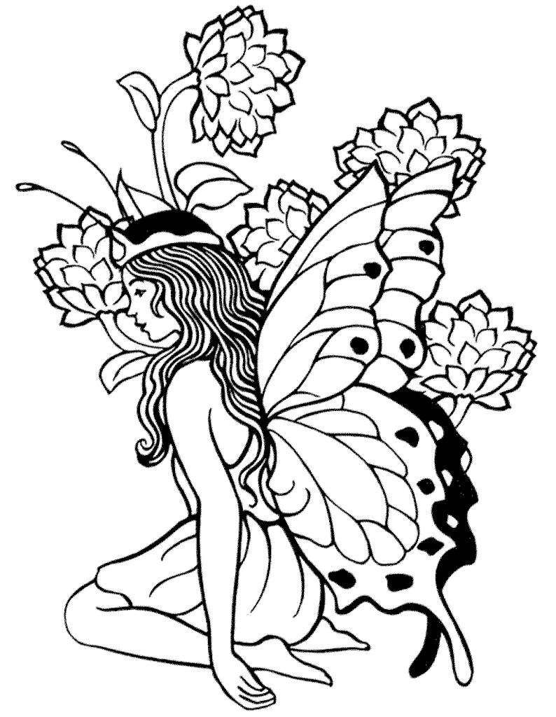 Butterfly Fairy In Flowers Coloring Page