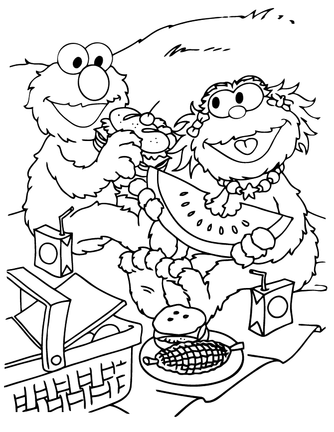 Elmo And Zoey Have A Picnic Coloring Sheet