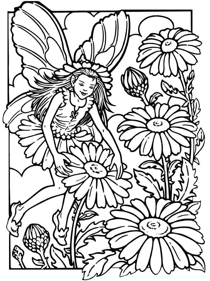 Fairy In The Spring Flowers Coloring Page