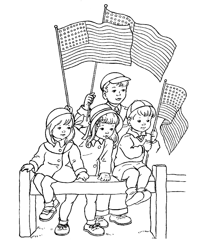 Children With American Flag Coloring Page