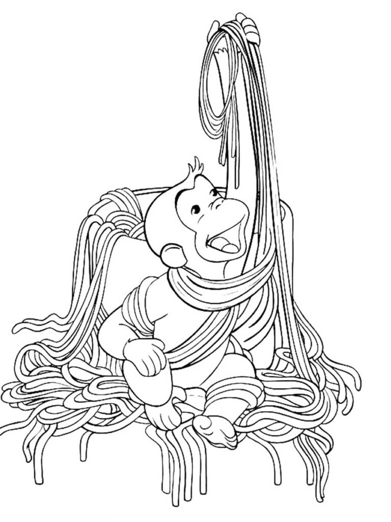 Curious George Wrapped Up In Spaghetti Coloring Page