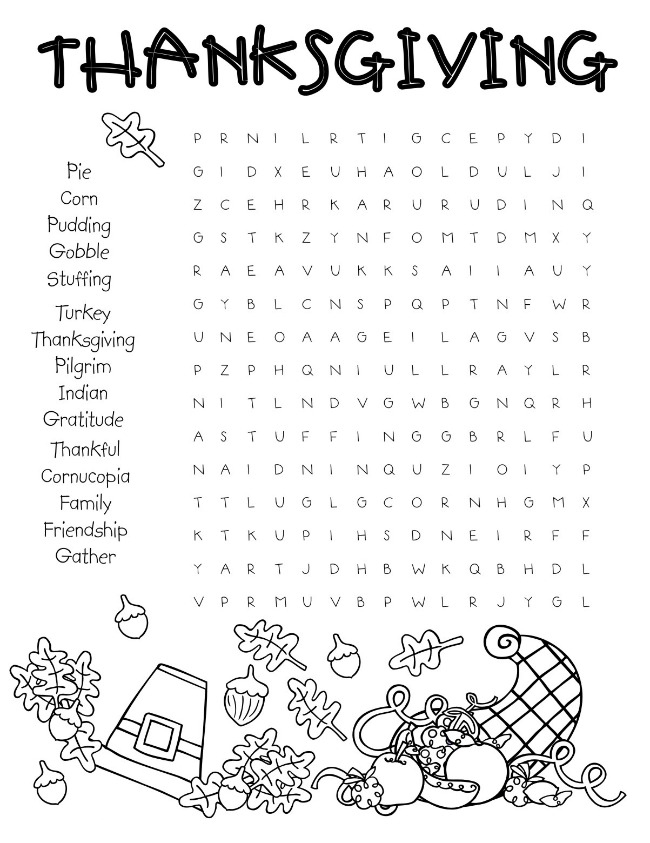 Free Difficult Color By Number Printables : Thanksgiving Word Search