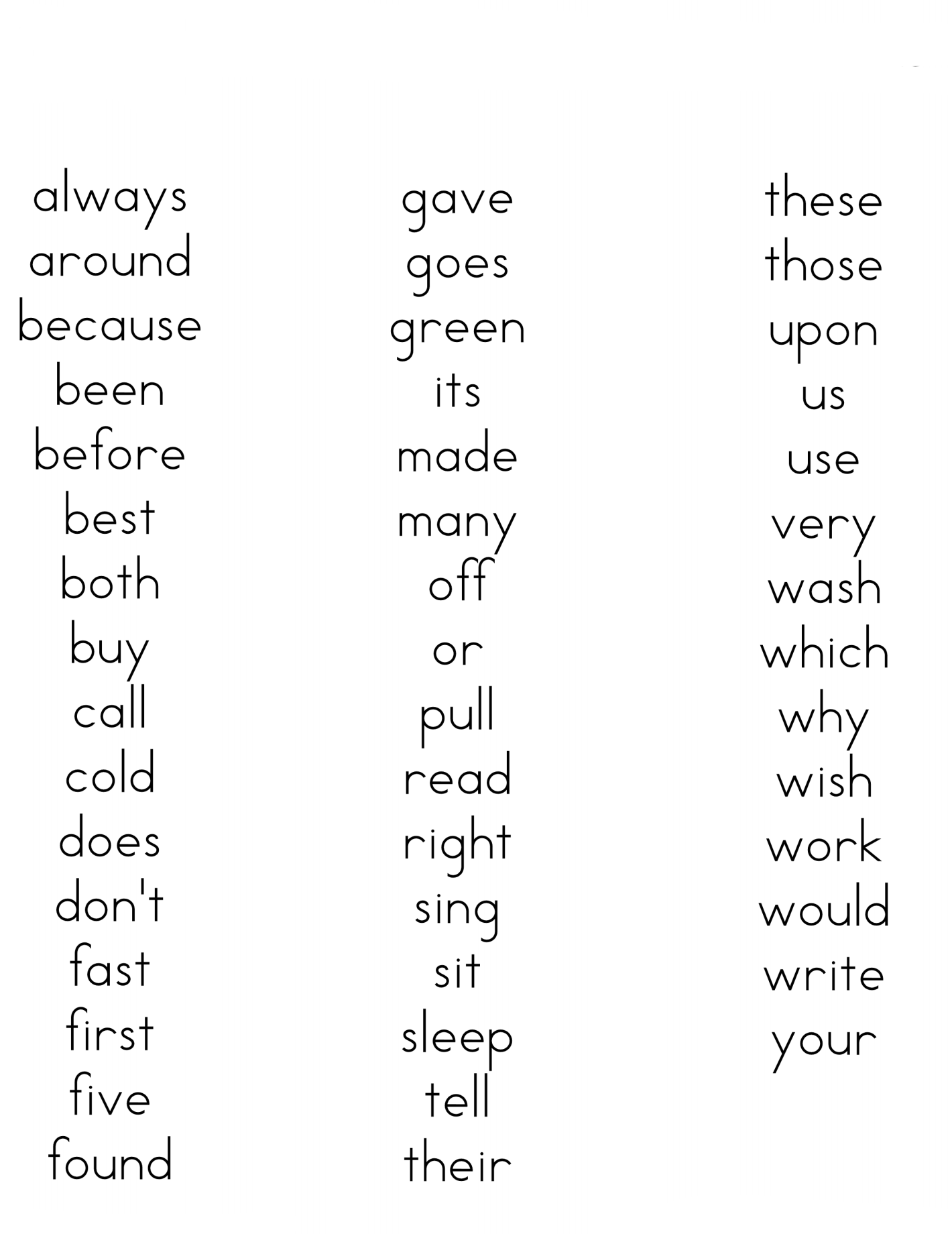 6th grade dolch sight word list
