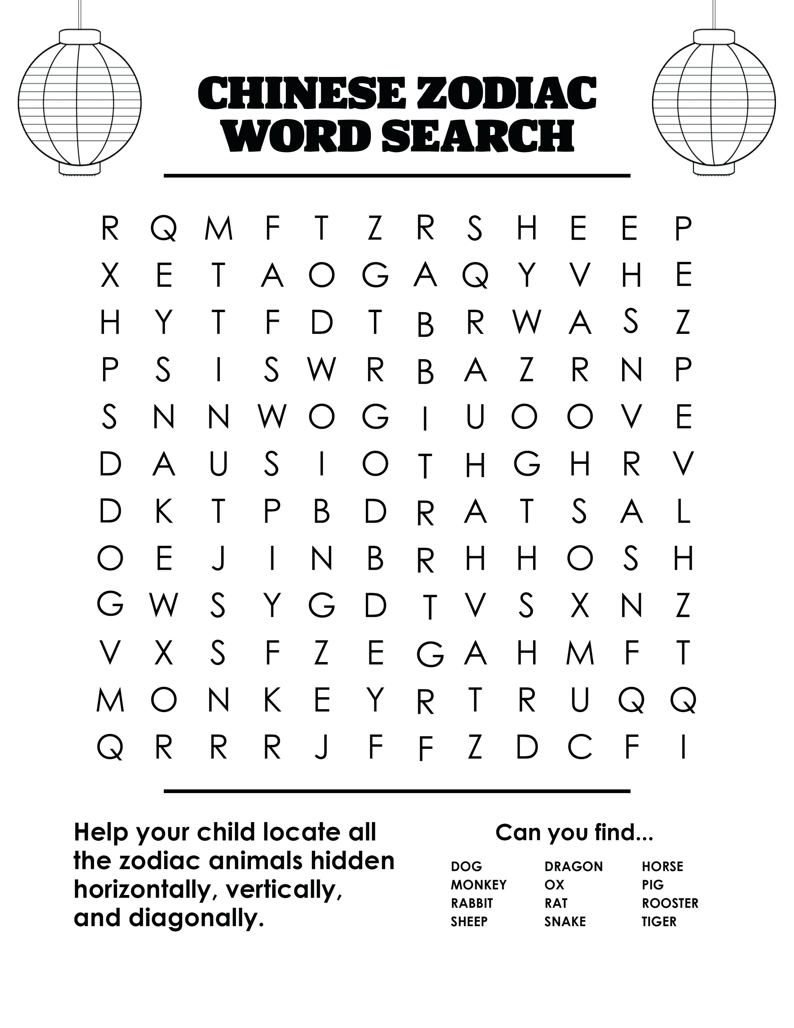 2nd Grade Chinese Zodiac Word Search Chinese Zodiac 2nd Grade Words