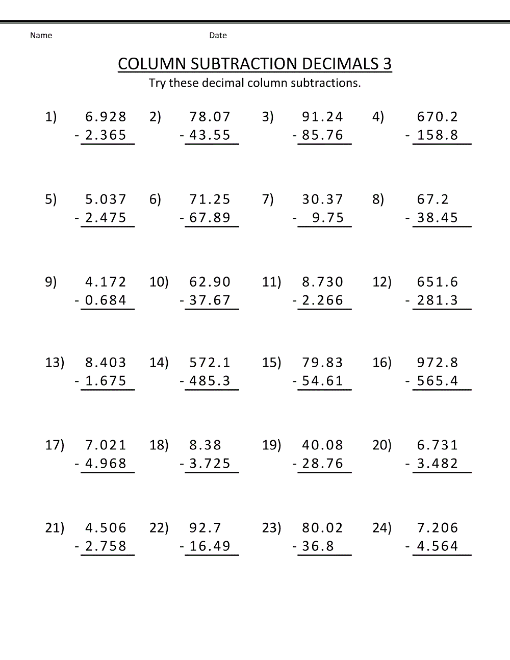 Math Worksheets For 4th Grade Decimals