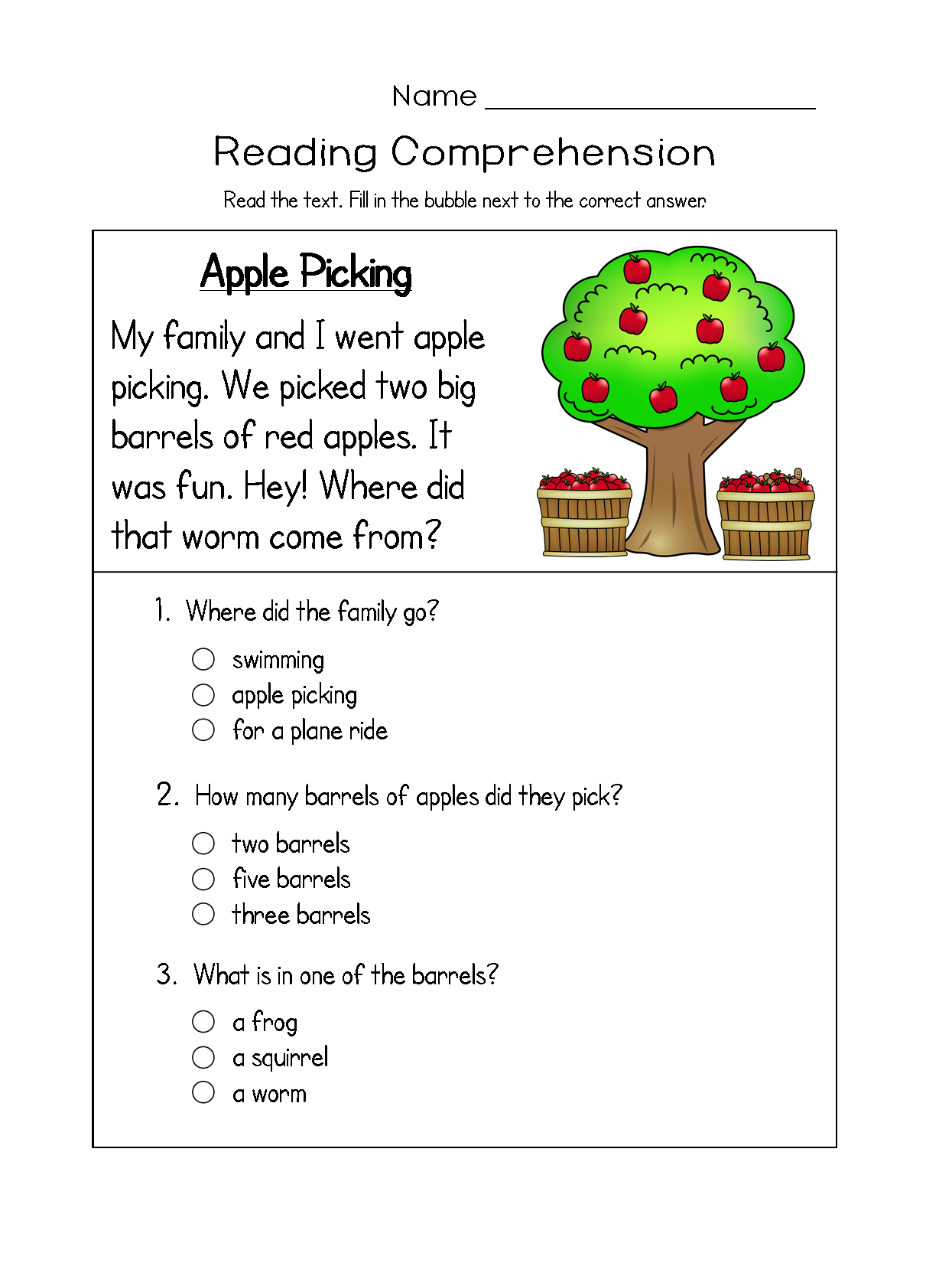 Reading Comprehention Worksheet For kindergarten 