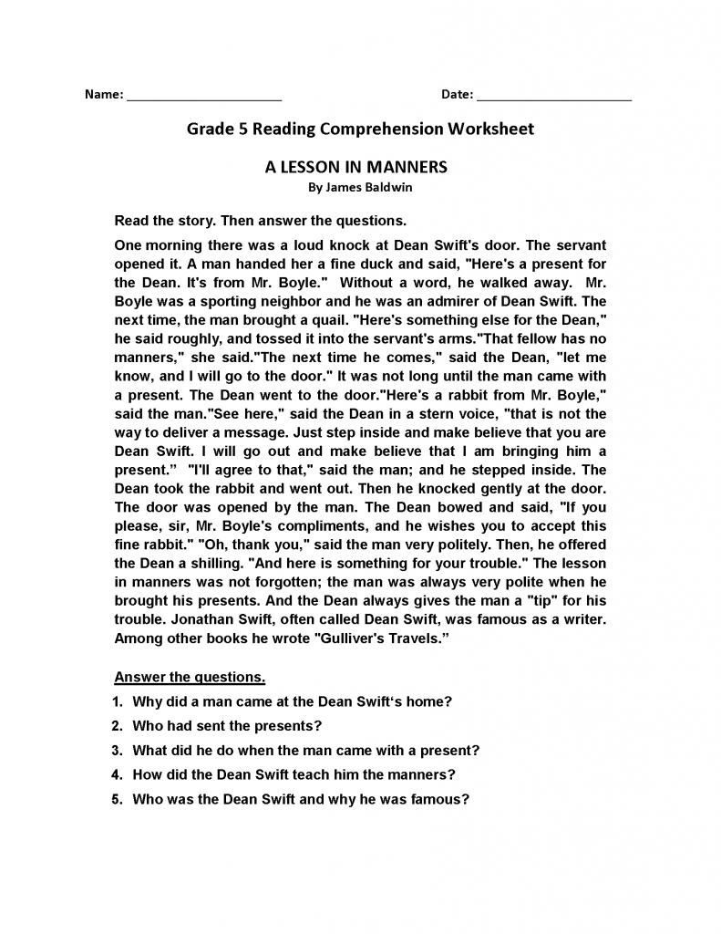 Grade 1 Reading Comprehension Worksheets 5th Grade Reading Comprehension Worksheets Fifth 
