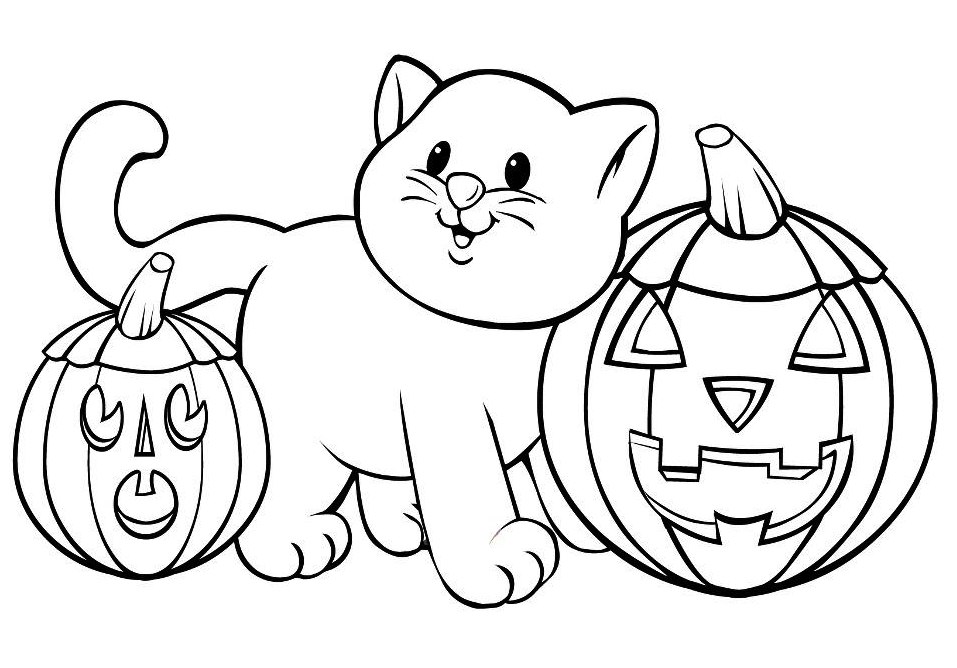 Halloween Cat And Pumpkins Coloring