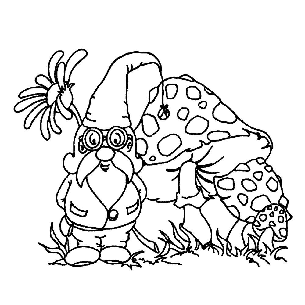 Gnome And Mushrooms Coloring Page
