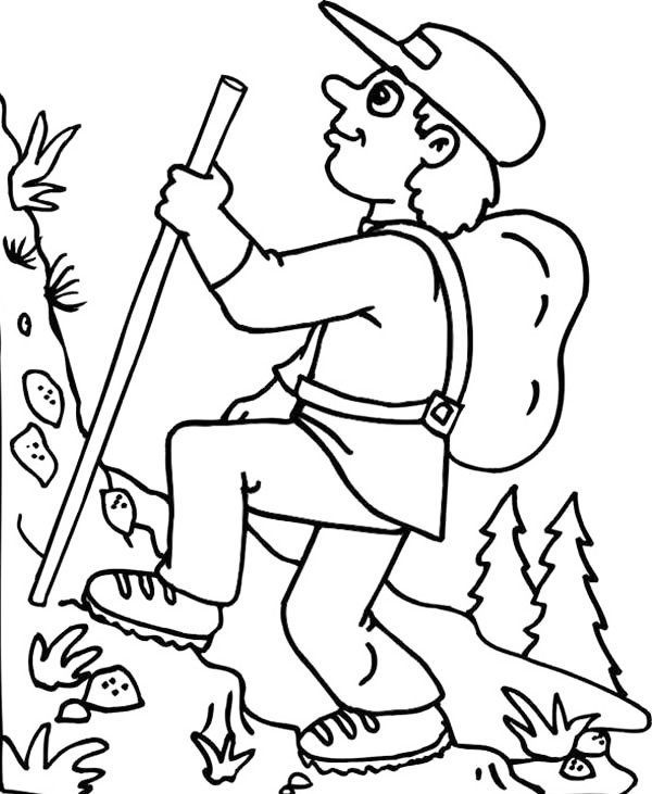 Cartoon Man Hiking Coloring Page