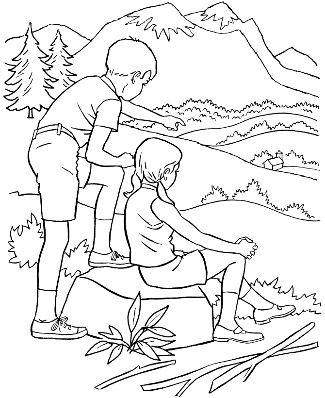 Young Children On A Hike Coloring Page