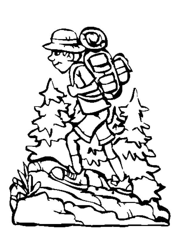 Young Man Hiking Coloring Page