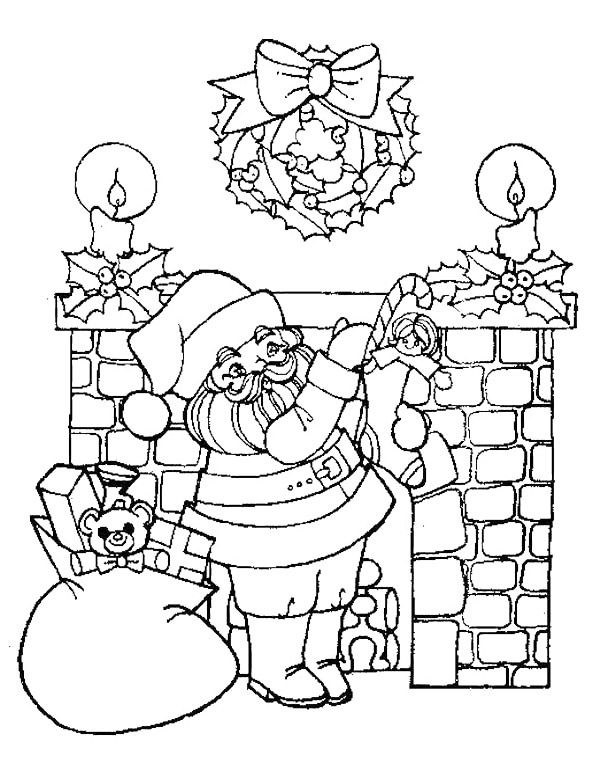 Santa At The Fireplace Coloring Sheet