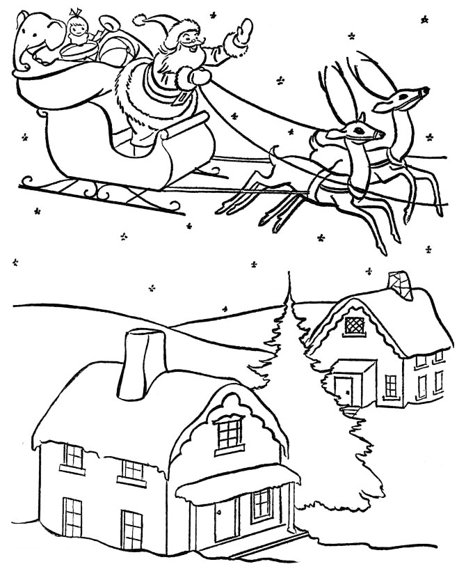 Santa Flying Over Village On Christmas Coloring Sheet