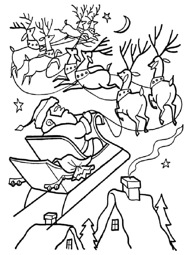 Santa Flying Over Christmas Village Coloring Page