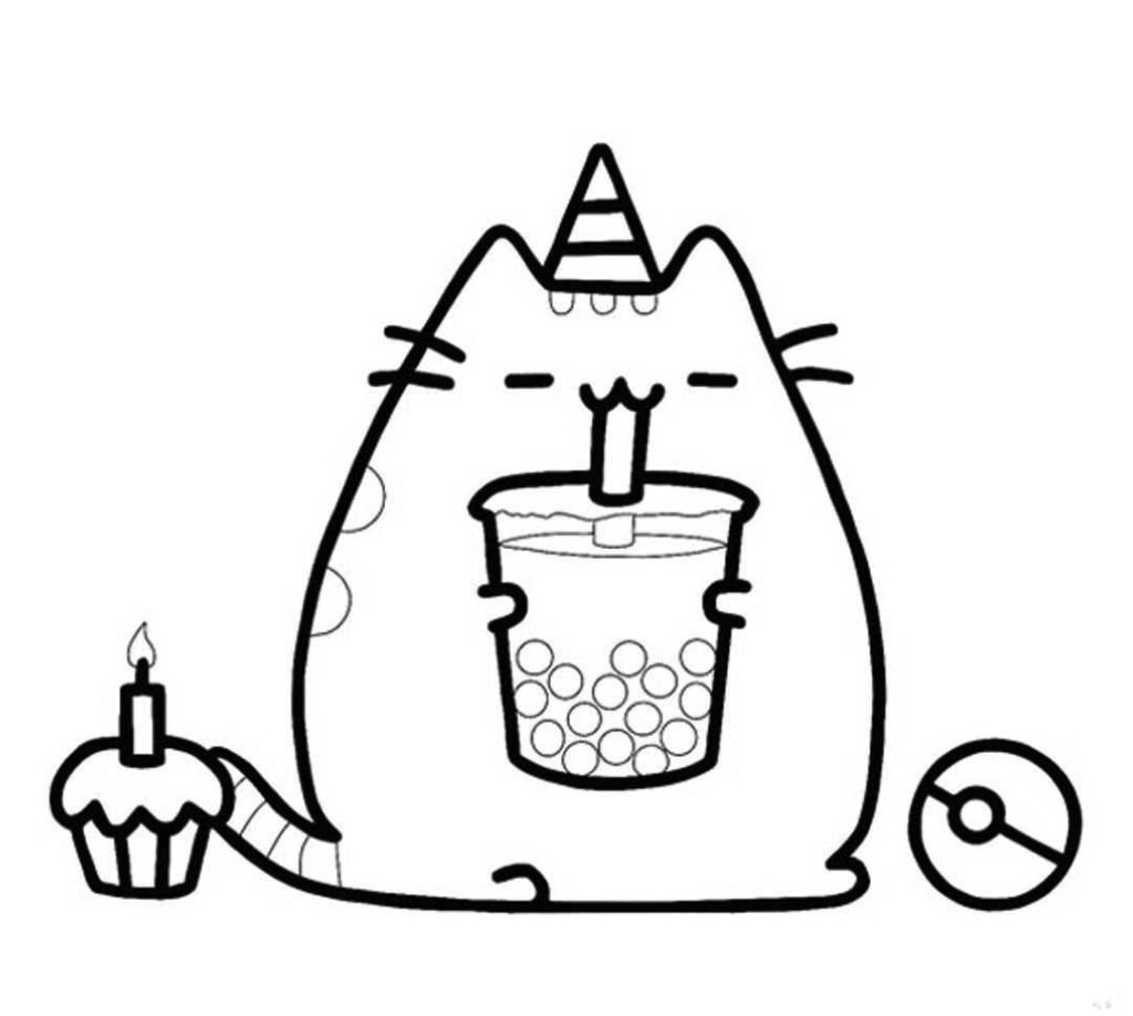 Pusheen Cat Loves Boba Tea Coloring Sheet