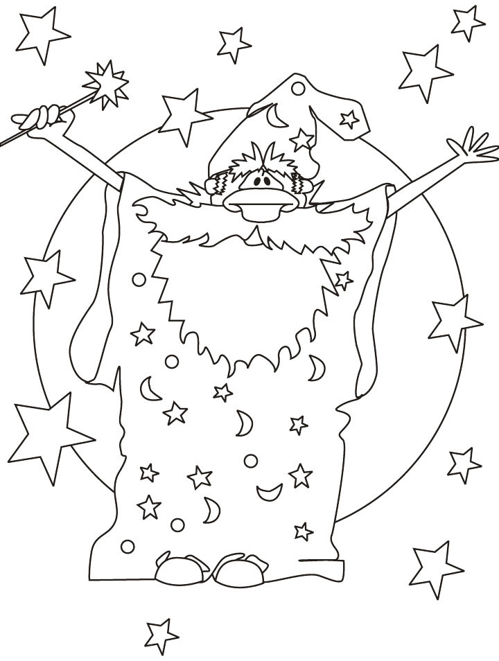 Cute Cartoon Wizard Casting Spell Coloring Page