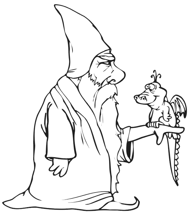 Wizard And Tiny Dragon Coloring Page